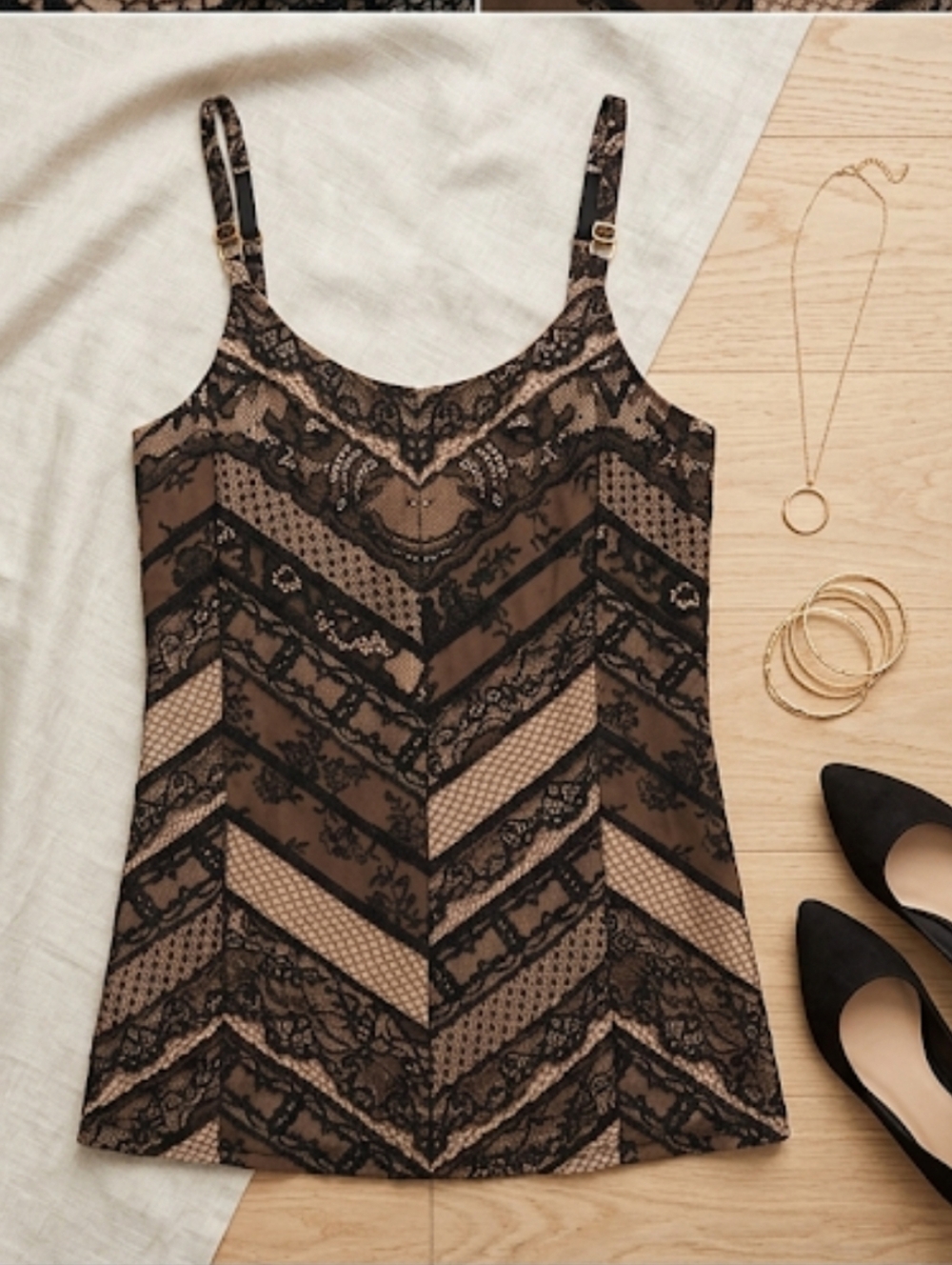 CAbi Black and Tan Camisole Top Women's Medium Adjustable Straps Lace Print